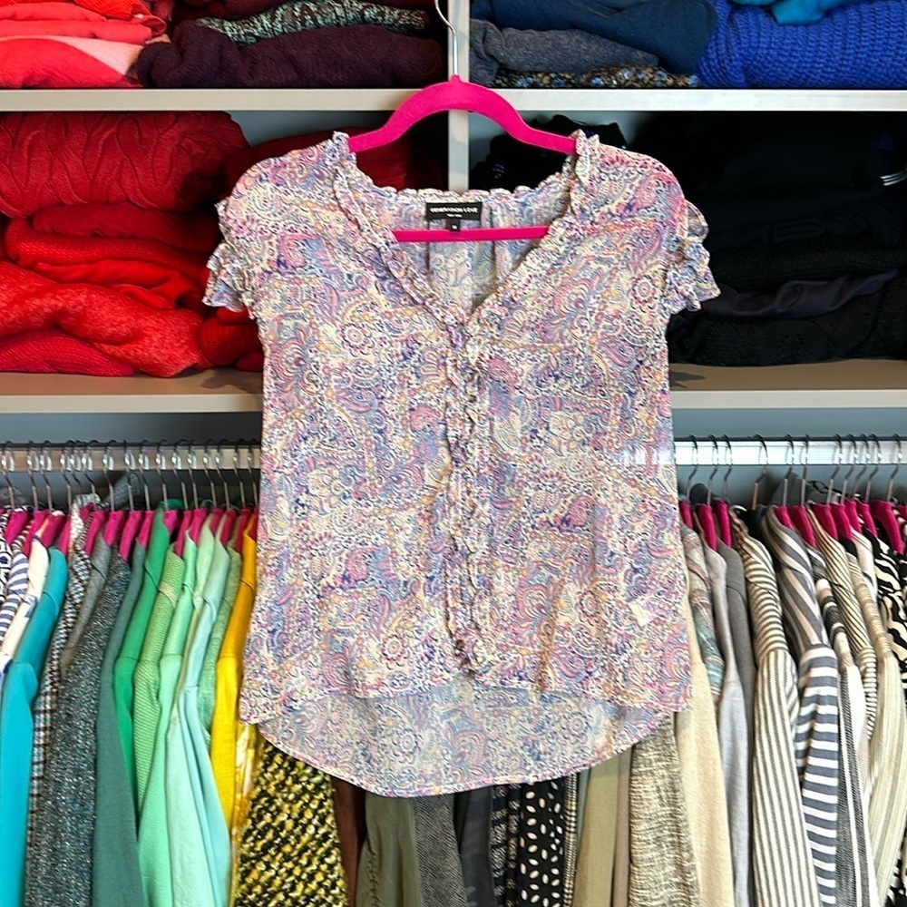Generation Love white with multicolored print v neck semi sheer blouse size S